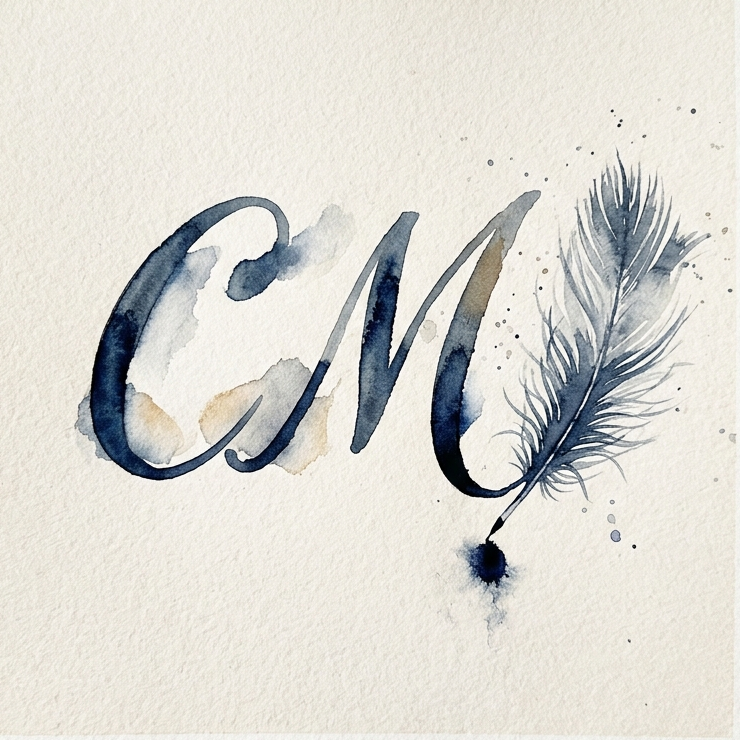 Monogramme CM aquarelle de Cécile Mas — le M devient une plume